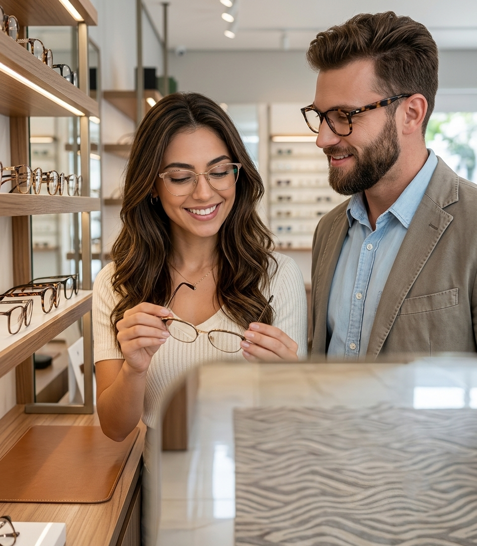 Cliente provando óculos de estilo na Ótica Golden Mix